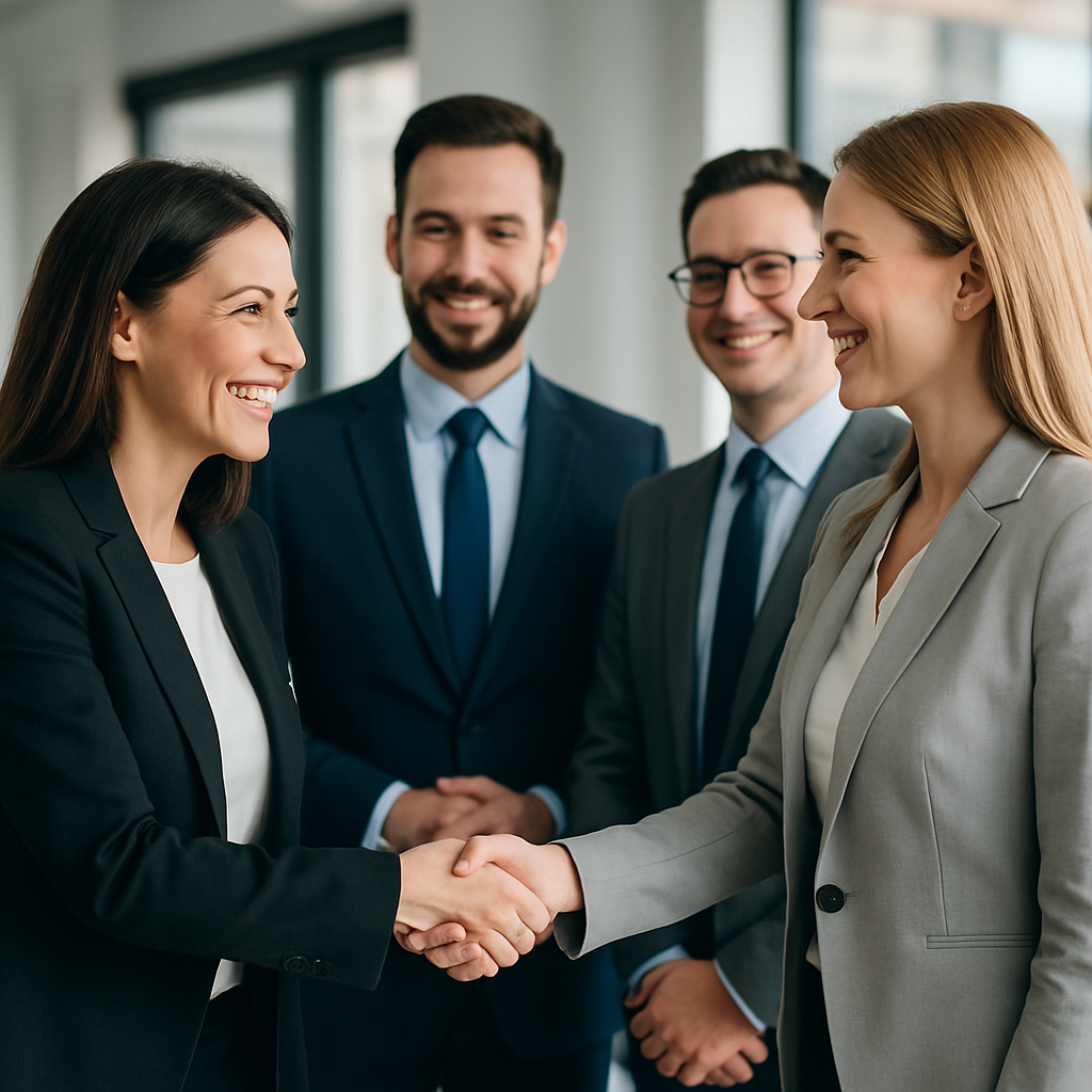 equipe commerciale dont deux femmes qui se serre la main-1